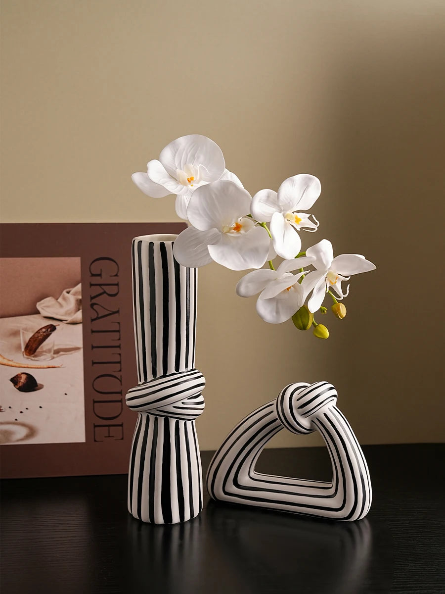 Ceramic Vase Black White Striped Knot - view 1