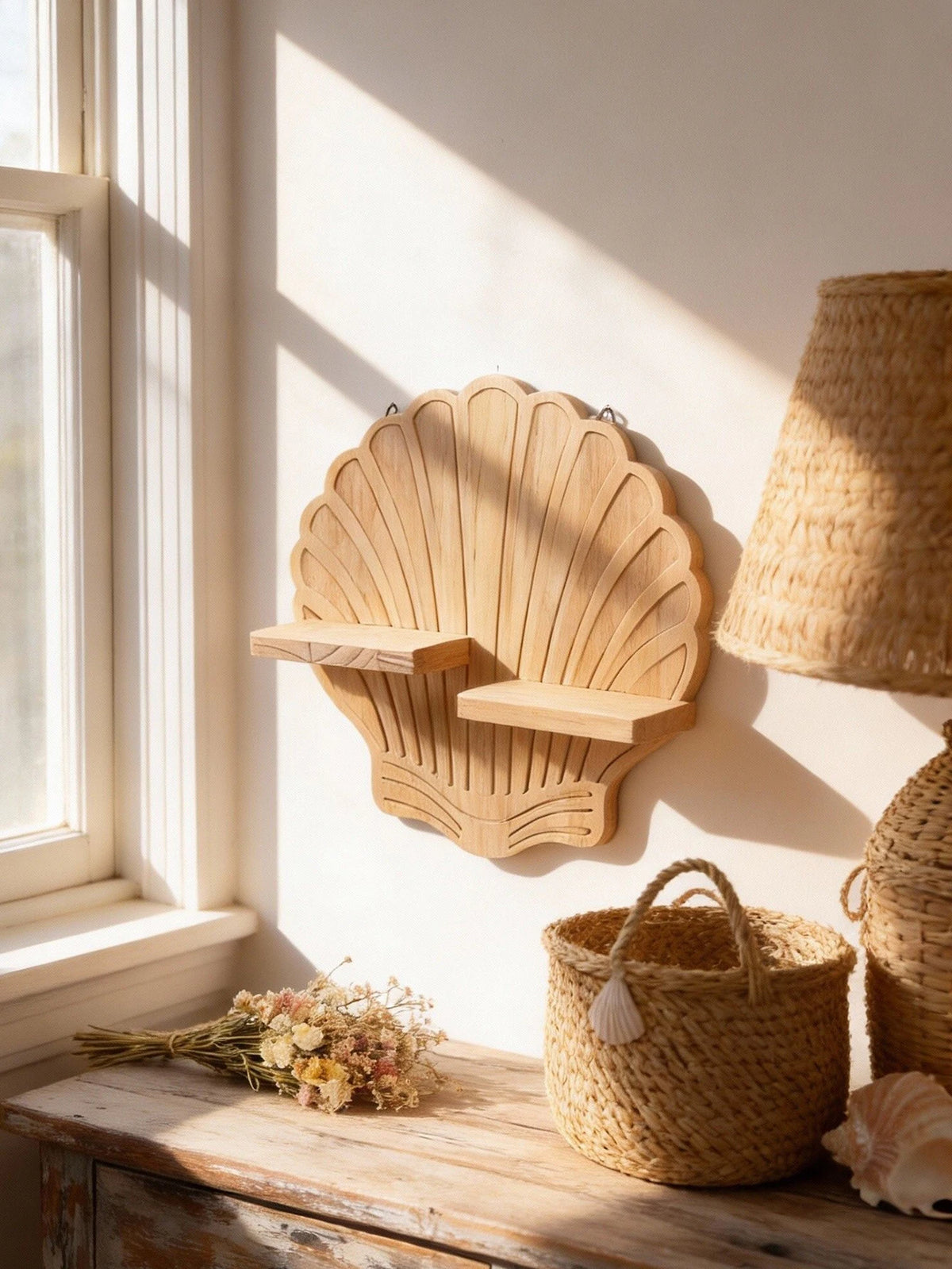 Seashell Shaped Wooden Wall Shelf Mounted - view 1
